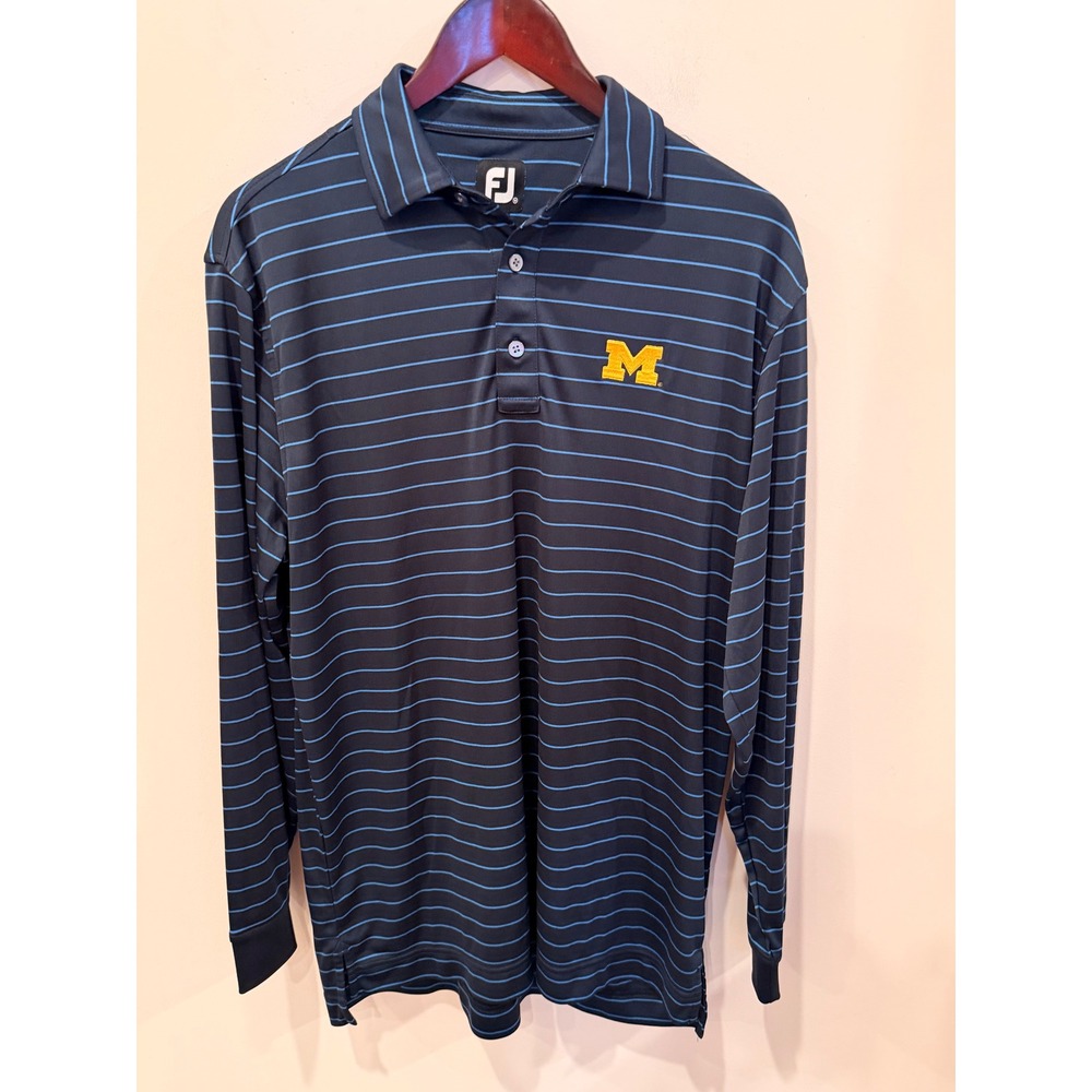 FootJoy Mens Michigan Wolverines Long Sleeve Golf Polo Shirt Navy Blue Striped M